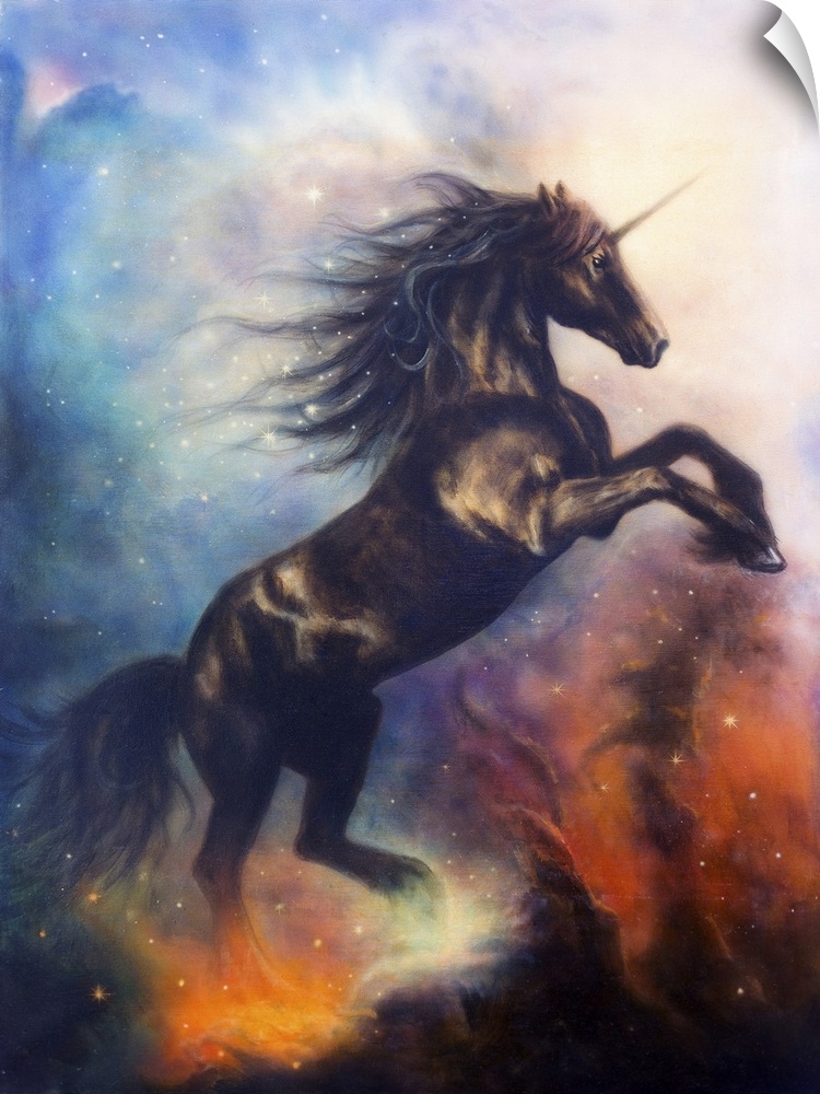 Painting of a black unicorn dancing in space.