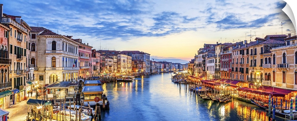 Panoramic view of the famous grand canal at sunset, Venice.
