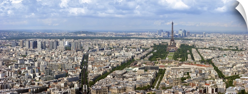 Paris aerial panoramic view from Montparnasse tower over Champs de Mars and Eiffel tower.