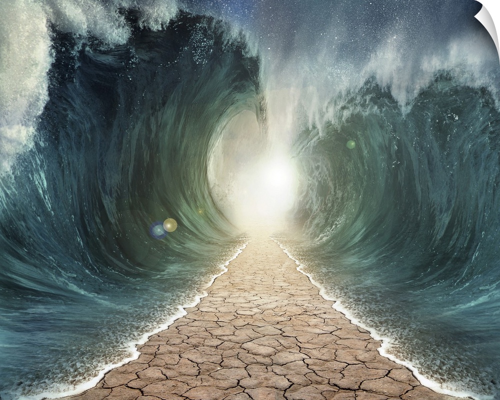 The seas are being parted with a pathway through the ocean.