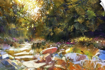 Pathway With Trees And Flowers In Autumn Forest