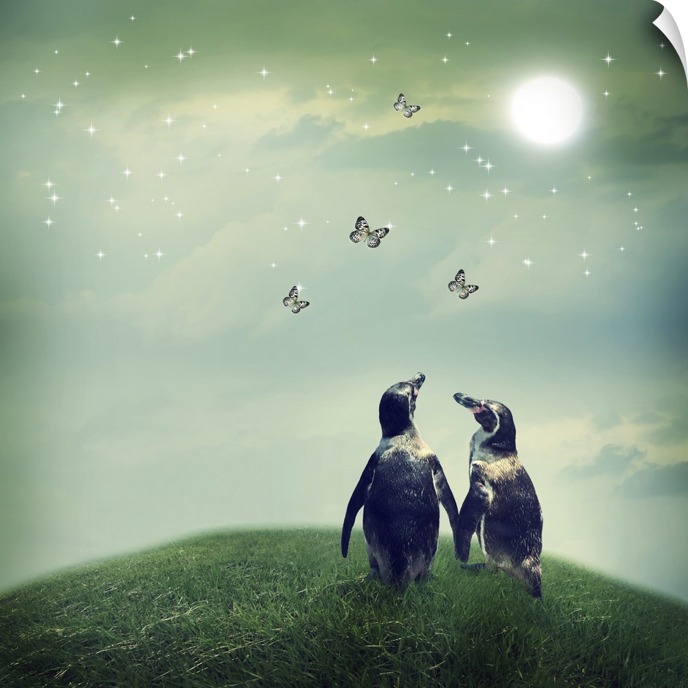 Two penguin friendship or love theme image at a fantasy landscape.