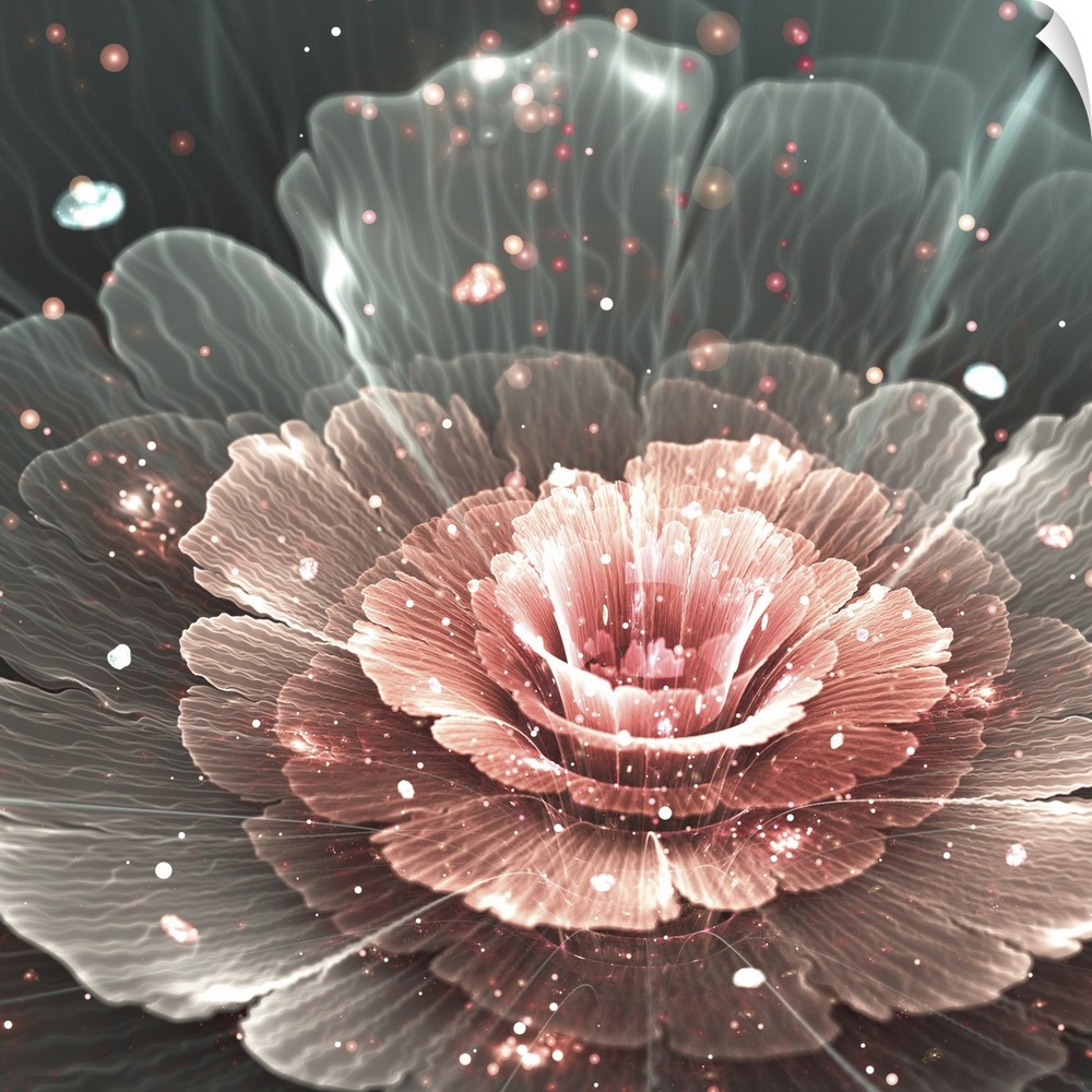 Pink and gray abstract flower with pink sparkles. Originally an illustration.
