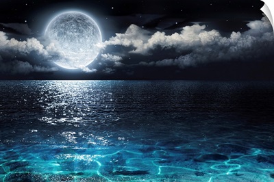 Romantic And Scenic Panorama With Full Moon On Sea To Night