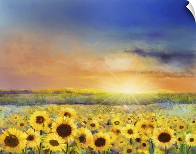 Rural Sunset Landscape With A Golden Sunflower Field