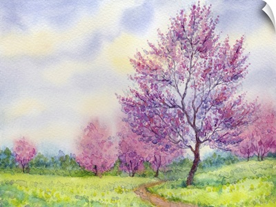 Spring Landscape, Flowering Tree In A Field