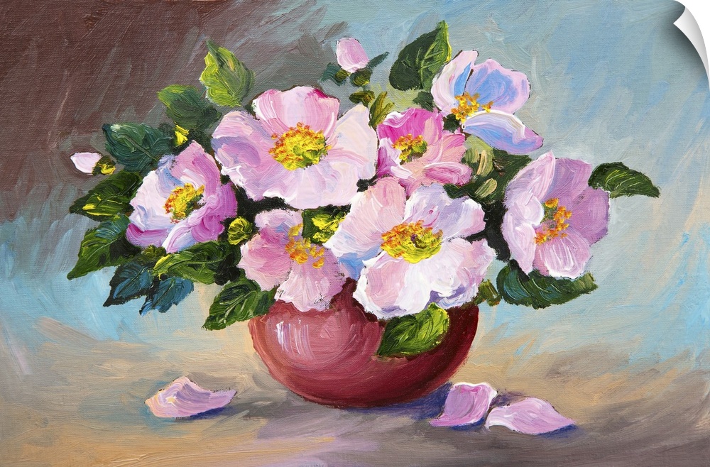 Originally an oil painting of spring pink wild roses in a vase on canvas.