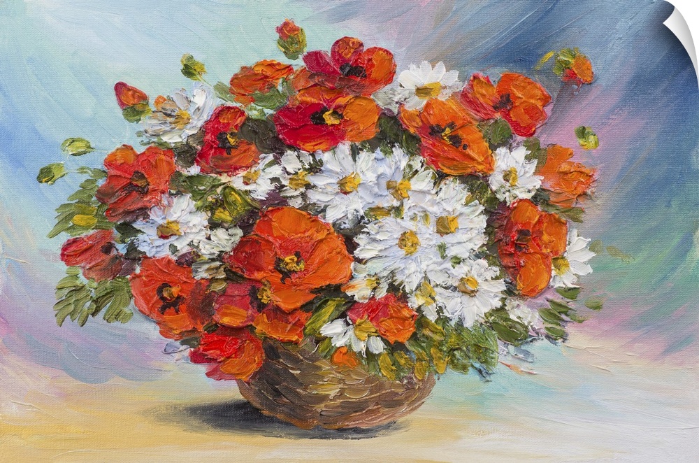 Originally an oil painting of still life. Originally an abstract watercolor bouquet of poppies and daisies.