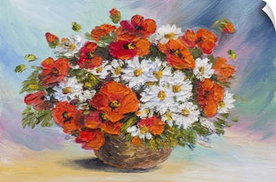 Still Life, Abstract Watercolor Bouquet Of Poppies And Daisies