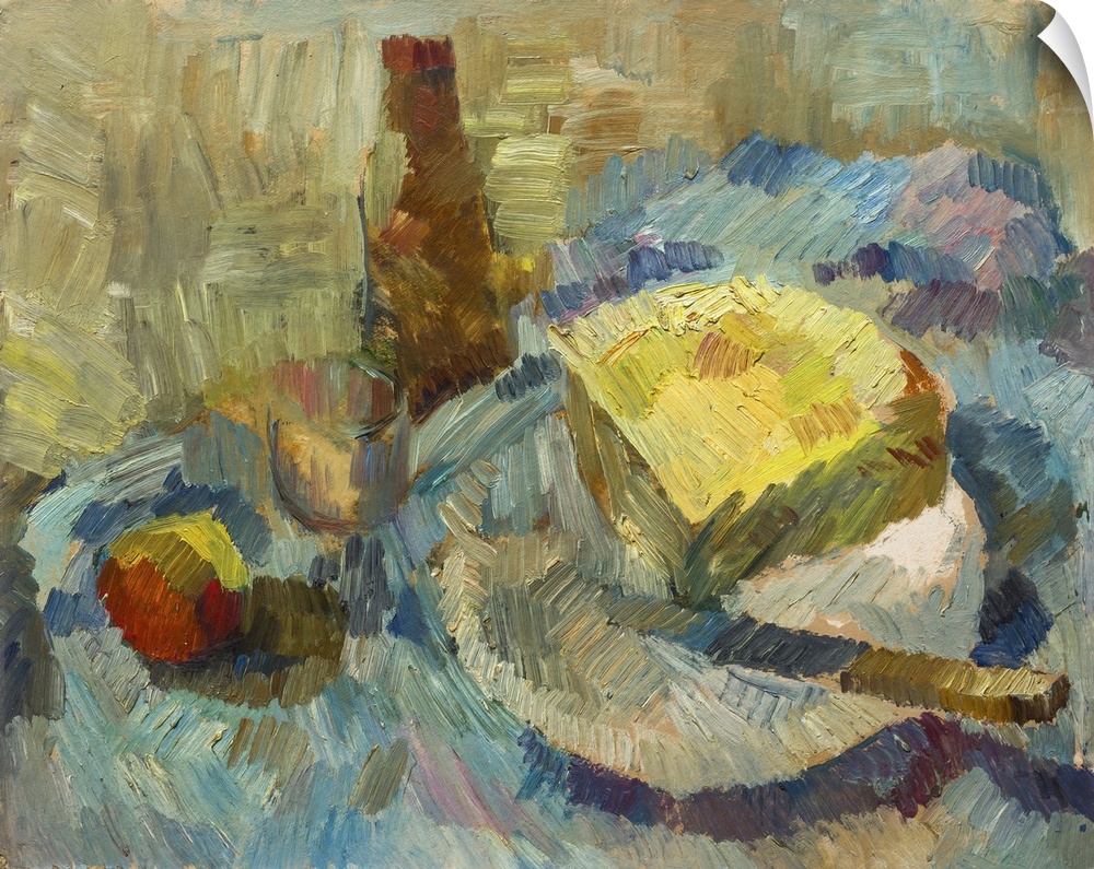 Originally an oil painting of still life. Bottle opener, cheese, apple and glass in pastel colors on canvas.