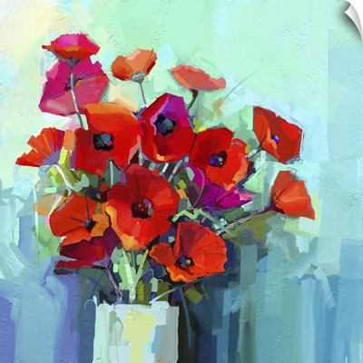 Still Life Of Red And Pink Color Flower, Colorful Bouquet Of Poppy Flowers In Vase
