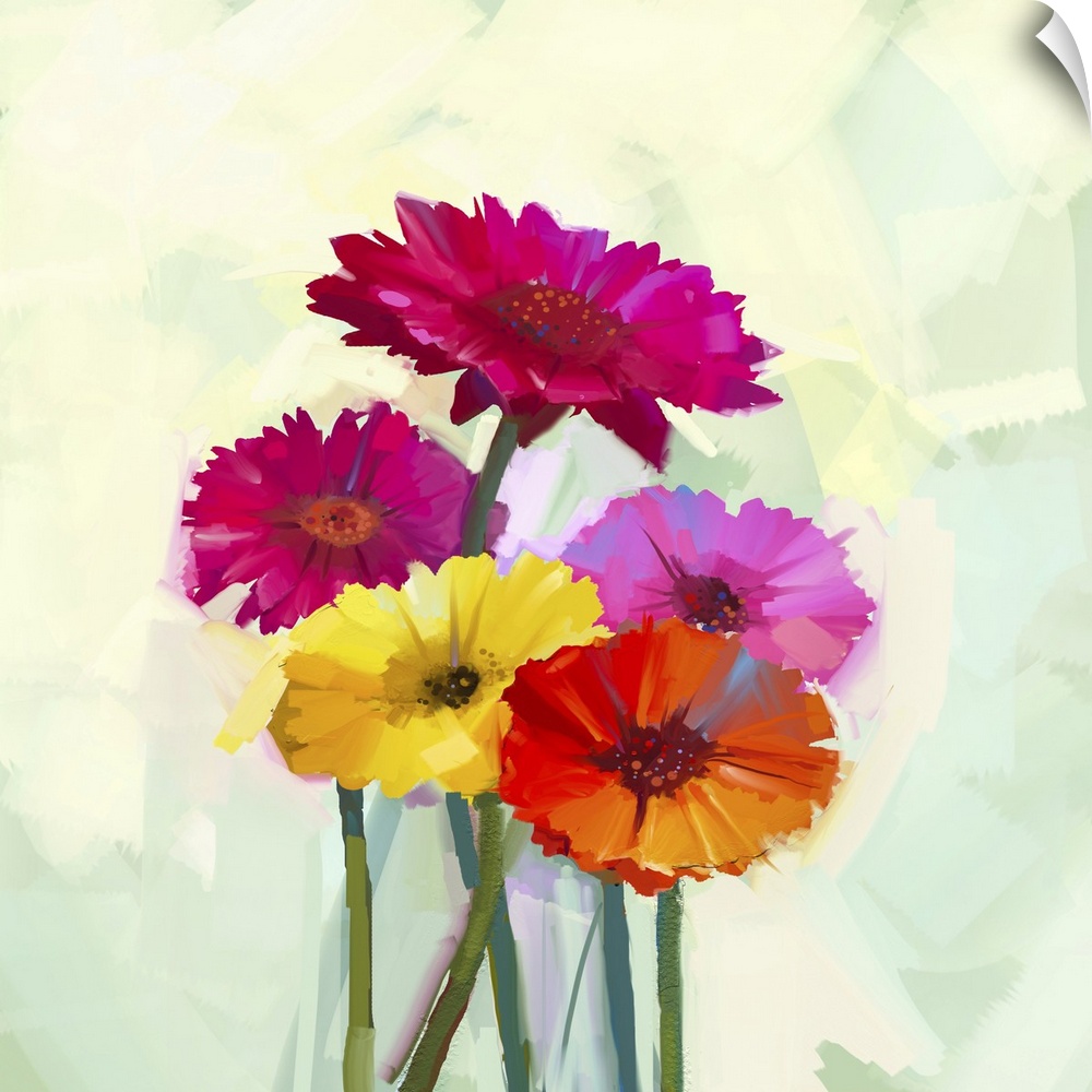 Still life of yellow and red gerbera flowers. Originally an oil painting of spring flowers. Originally hand painted floral...