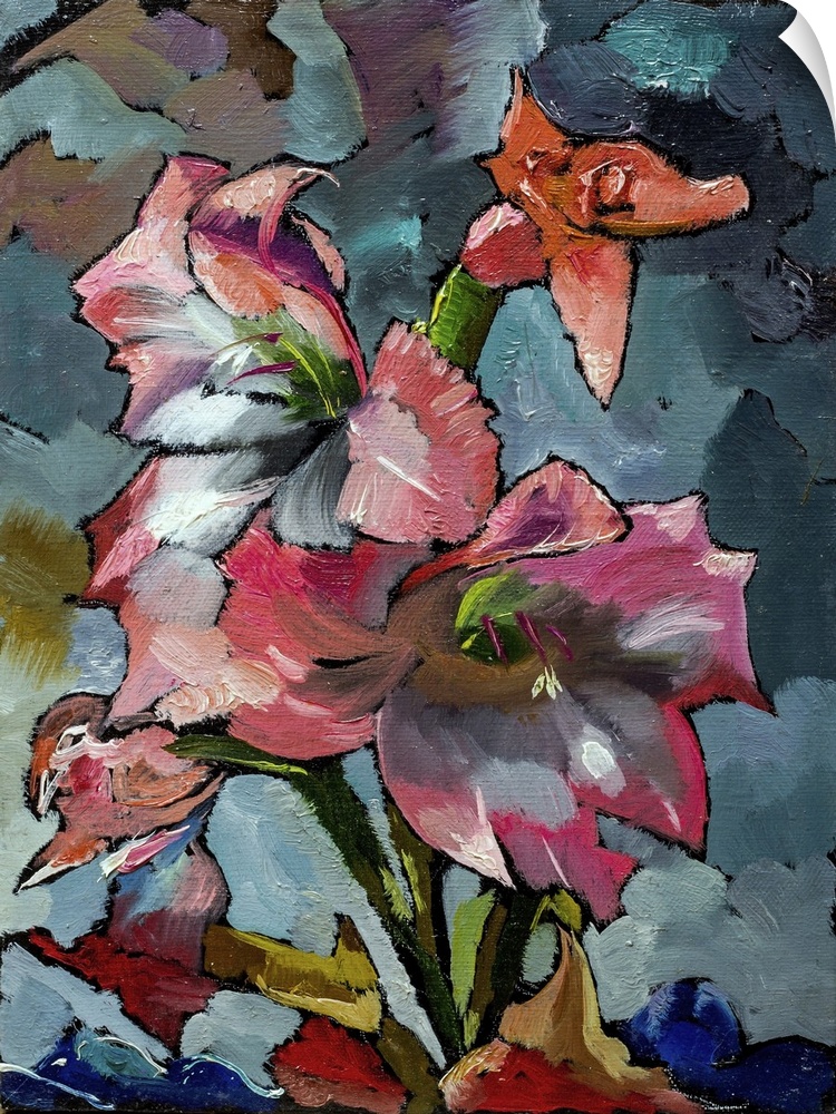 Originally an oil painting of still life with orange and pink irises. Flowers in shade of black gray and blue on canvas wi...