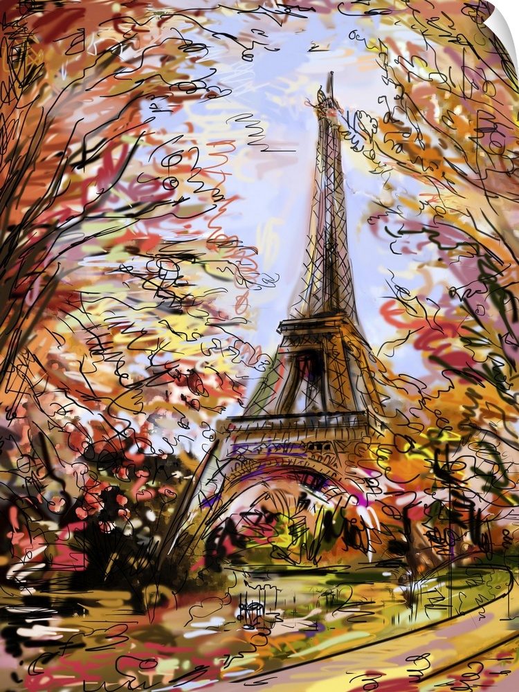 Street in autumn Paris. Eiffel tower, originally a sketch illustration.