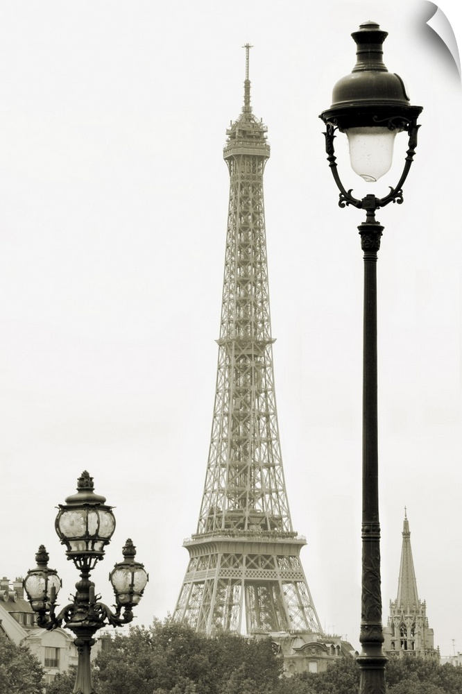 Street lanterns on the Alexandre III Bridge against the Eiffel Tower in Paris, France.