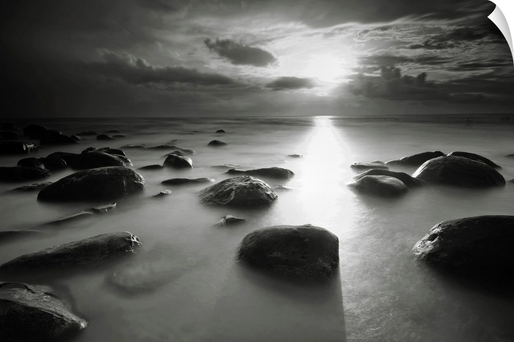 Beautiful sunset beach in Thailand. Photo made in black and white.