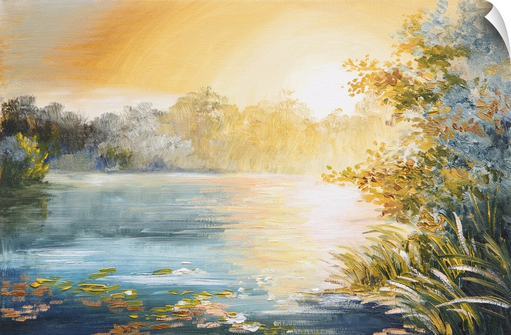 Originally painting of sunset on the lake, bright sunset.
