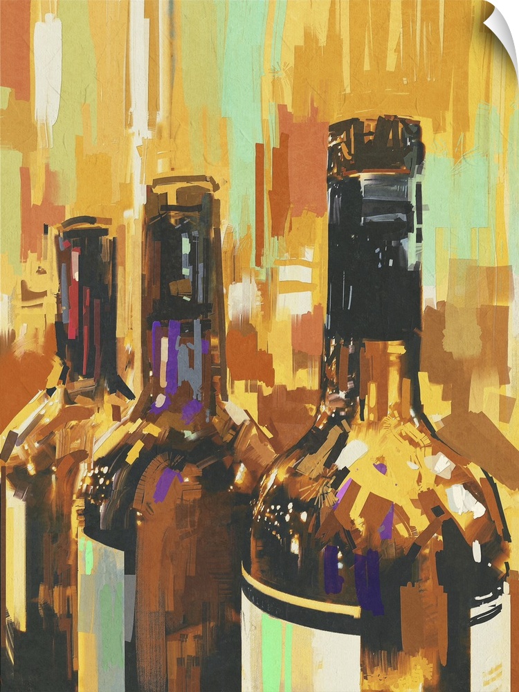 Colorful painting, three bottles of wine, originally an illustration.