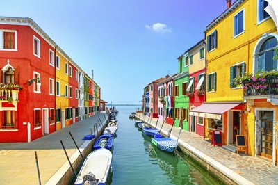 Venice Landmark, Burano Island Canal, Colorful Houses And Boats