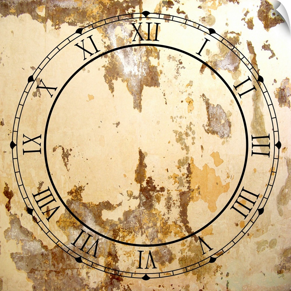 Illustrated clock face with roman numerals and grunge texture.