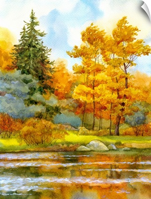 Watercolor Landscape, Autumnal Forest On The Lake