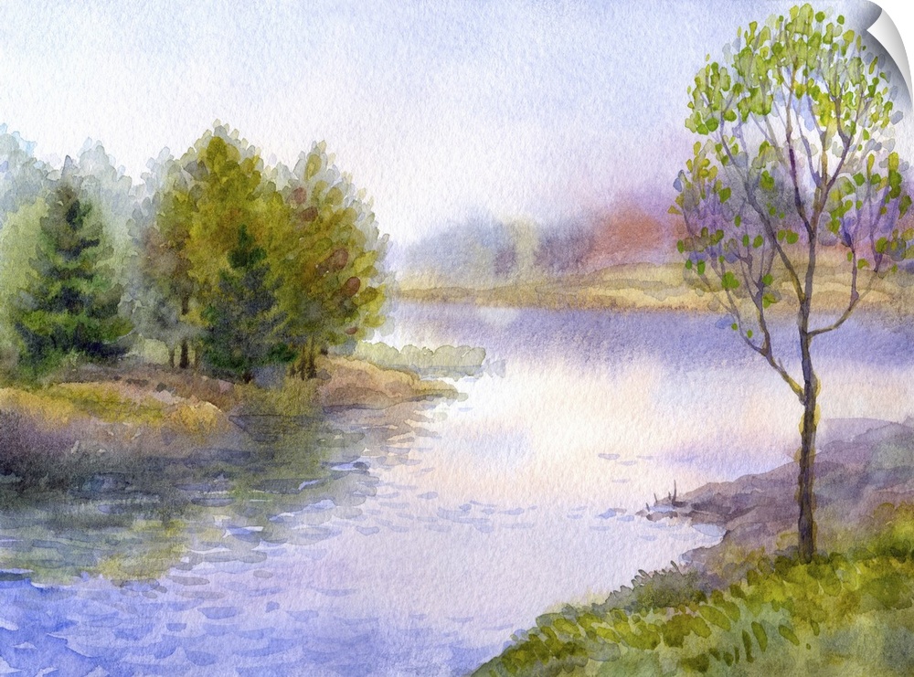 Originally a watercolor landscape. Young tree on the bank of a quiet river.