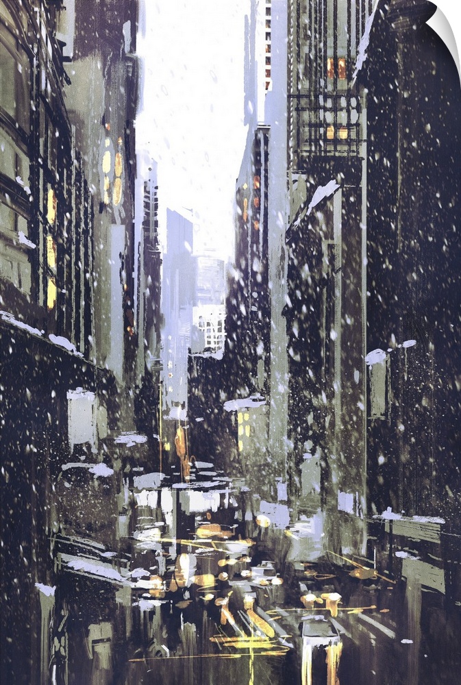 Painting of winter city with snow.