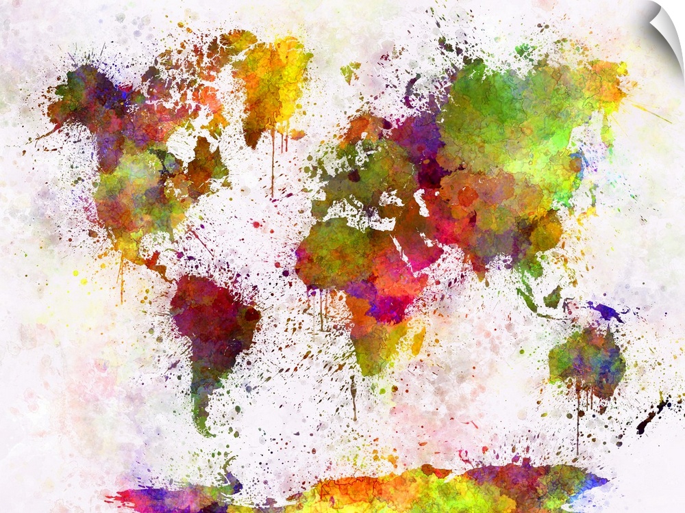Originally a world map in watercolor painting abstract splatters.