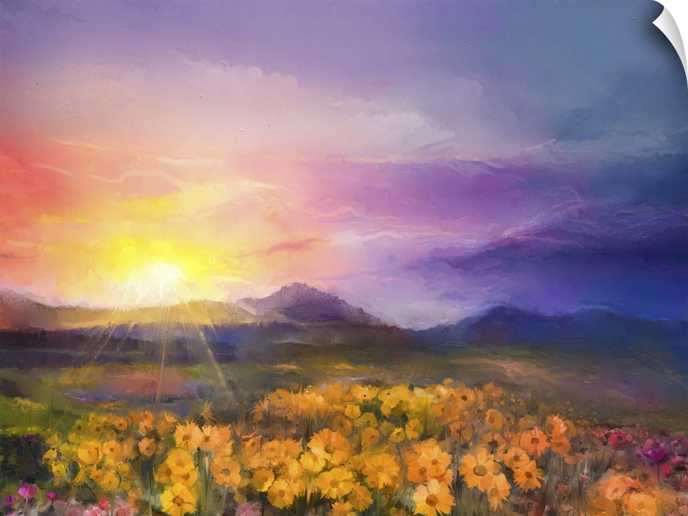 Originally an oil painting yellow- golden daisy flowers in fields. Sunset meadow landscape with wildflower, hill and sky i...