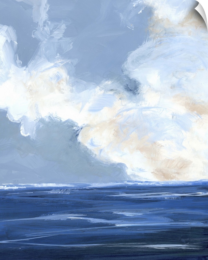 Contemporary painting of a calm ocean with large white clouds on the horizon.