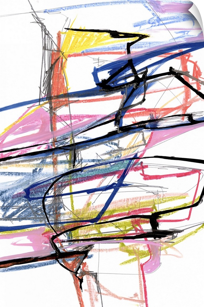A contemporary abstract painting of wild colorful scribble lines against a white background.