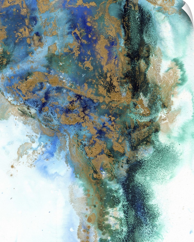 Contemporary painting in blue and green with golden splatters.