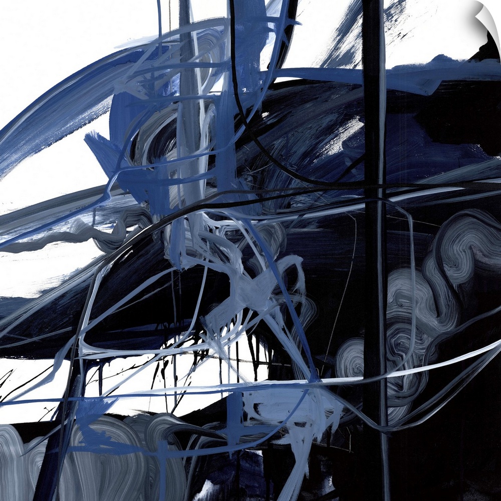 A contemporary abstract painting of dark blue and black splashes of paint on an off-white surface.