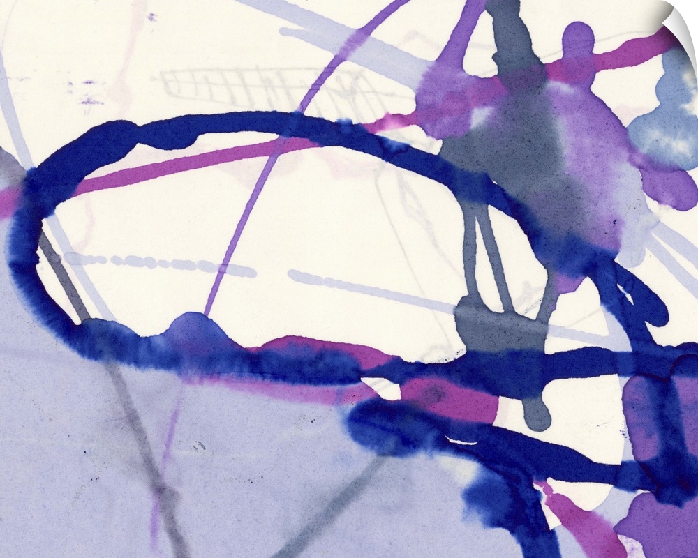 A contemporary abstract painting of purple, pink and lavender color paint thrown and splattered onto a cream toned surface.