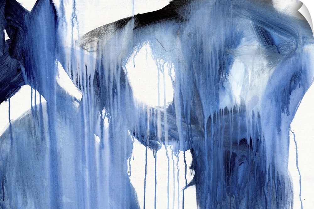 Contemporary artwork in shades of blue over white with a dripping paint appearance.