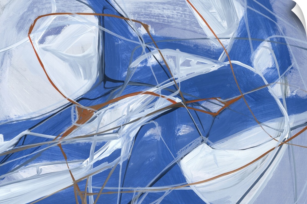 A contemporary abstract painting of various blue tones in bold movements making interlocking webs.