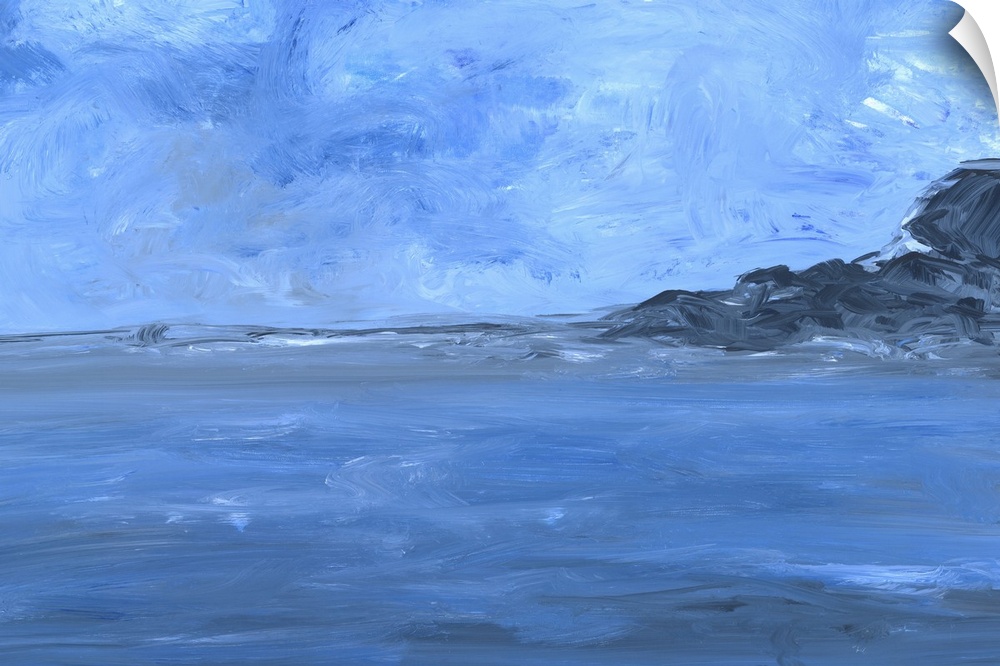 Contemporary seascape painting of a rocky coast stretching into the ocean under a blue sky.