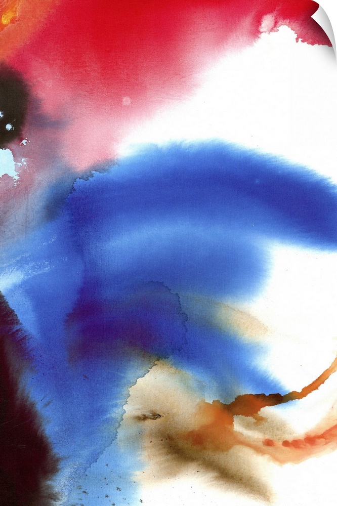 Contemporary abstract painting of soft washes of bright red and blue.
