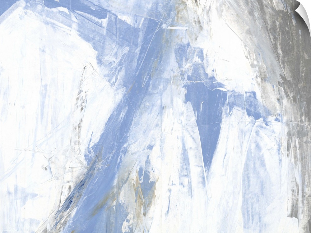 A contemporary abstract painting using pale blue and white tones in bold aggressive strokes.
