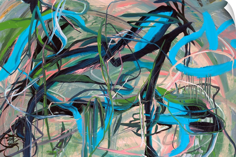 Busy abstract painting with black, blue, white, pink, and green lines on top moving in all directions on a muted color bac...