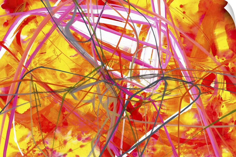 Contemporary abstract painting with wild lines of black and pink over vivid red and yellow tones.