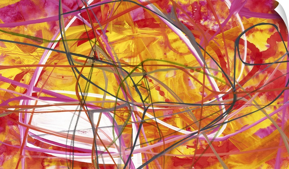 A contemporary abstract painting of warm tones tangled together in a web of thin strokes against a pink and yellow backgro...