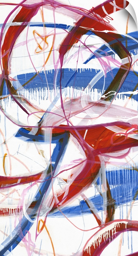 Large abstract painting with red, blue, pink, orange, black, and white lines varying in size and thickness moving all over...