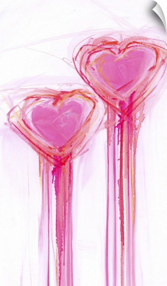 Contemporary painting of two bright pink heart shapes with long streaks of dripping paint.