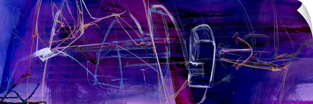 Horizontal contemporary abstract artwork in vivid deep purple shades with white streaks.