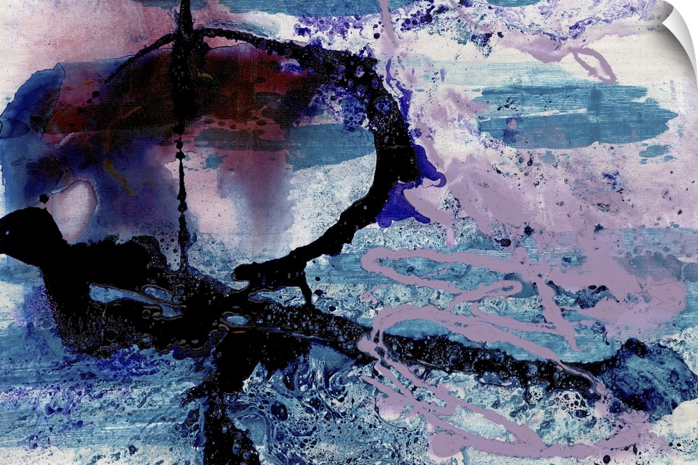 A contemporary abstract painting of dark black and purple tones with splashes blue swirling around like smoke clouds.