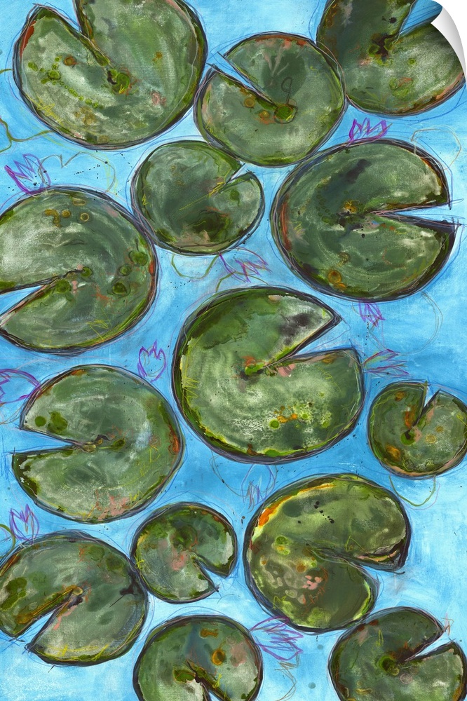 Large painting of lily pads on a blue background with thin pink, purple, orange, and yellow layered outlines of waterlily ...