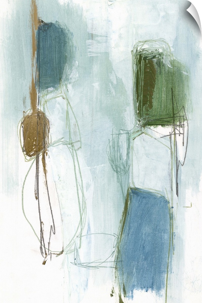 A contemporary abstract painting of globular shapes in muted against a pale blue background.