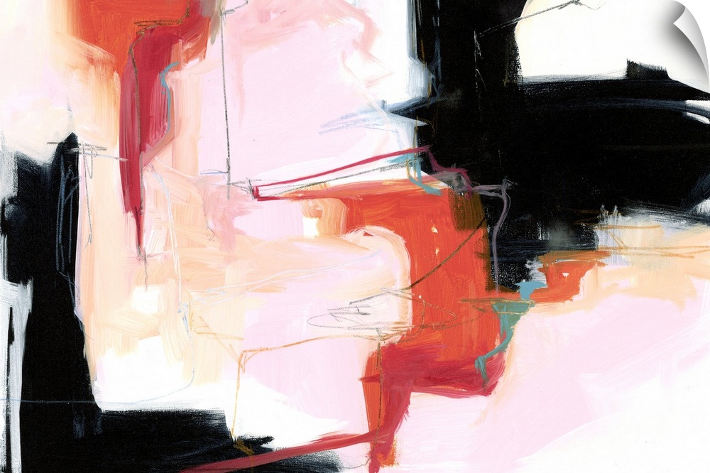 A contemporary abstract painting using tones of pink red and black in globular forms.