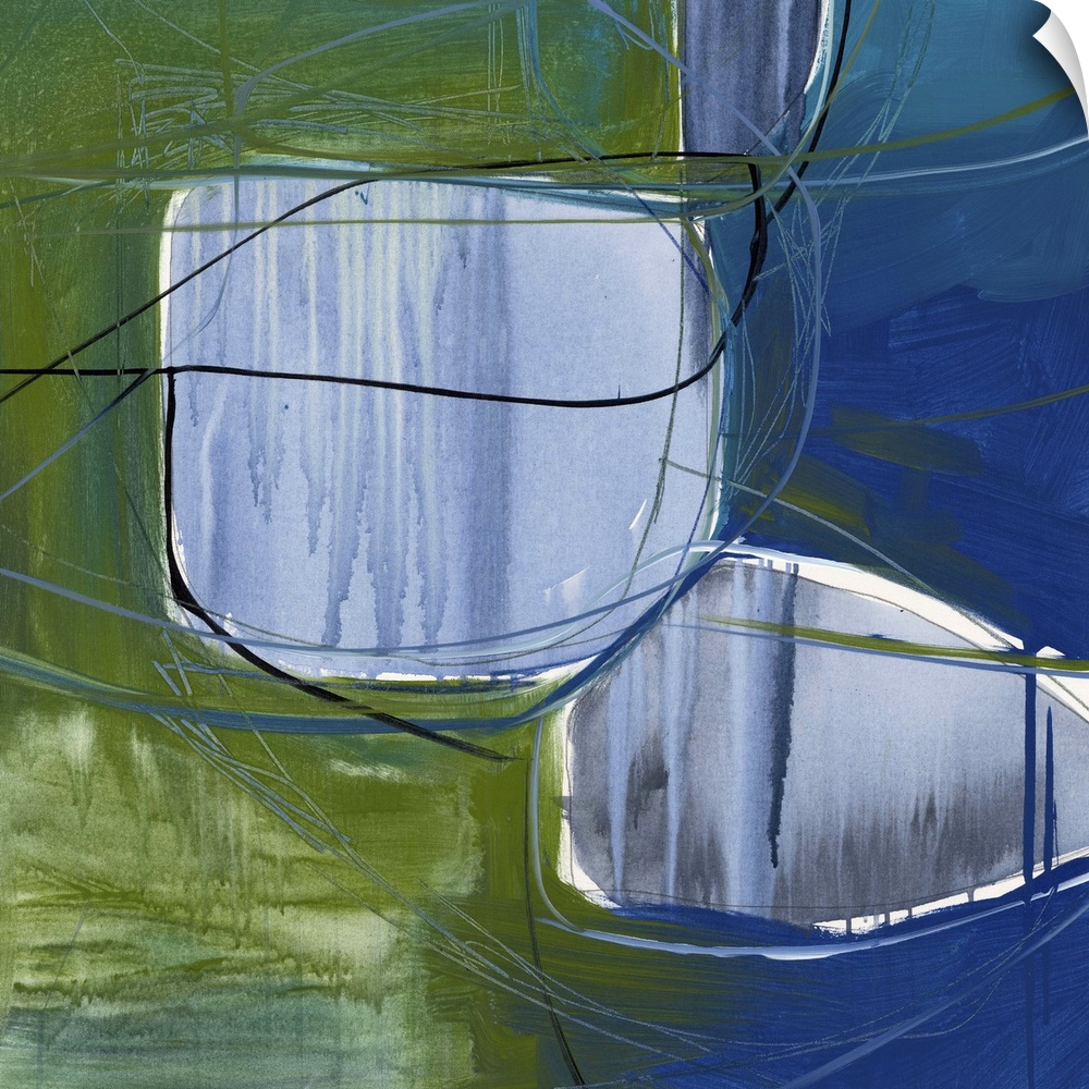 A contemporary abstract painting using pale and dark blue tones with green.